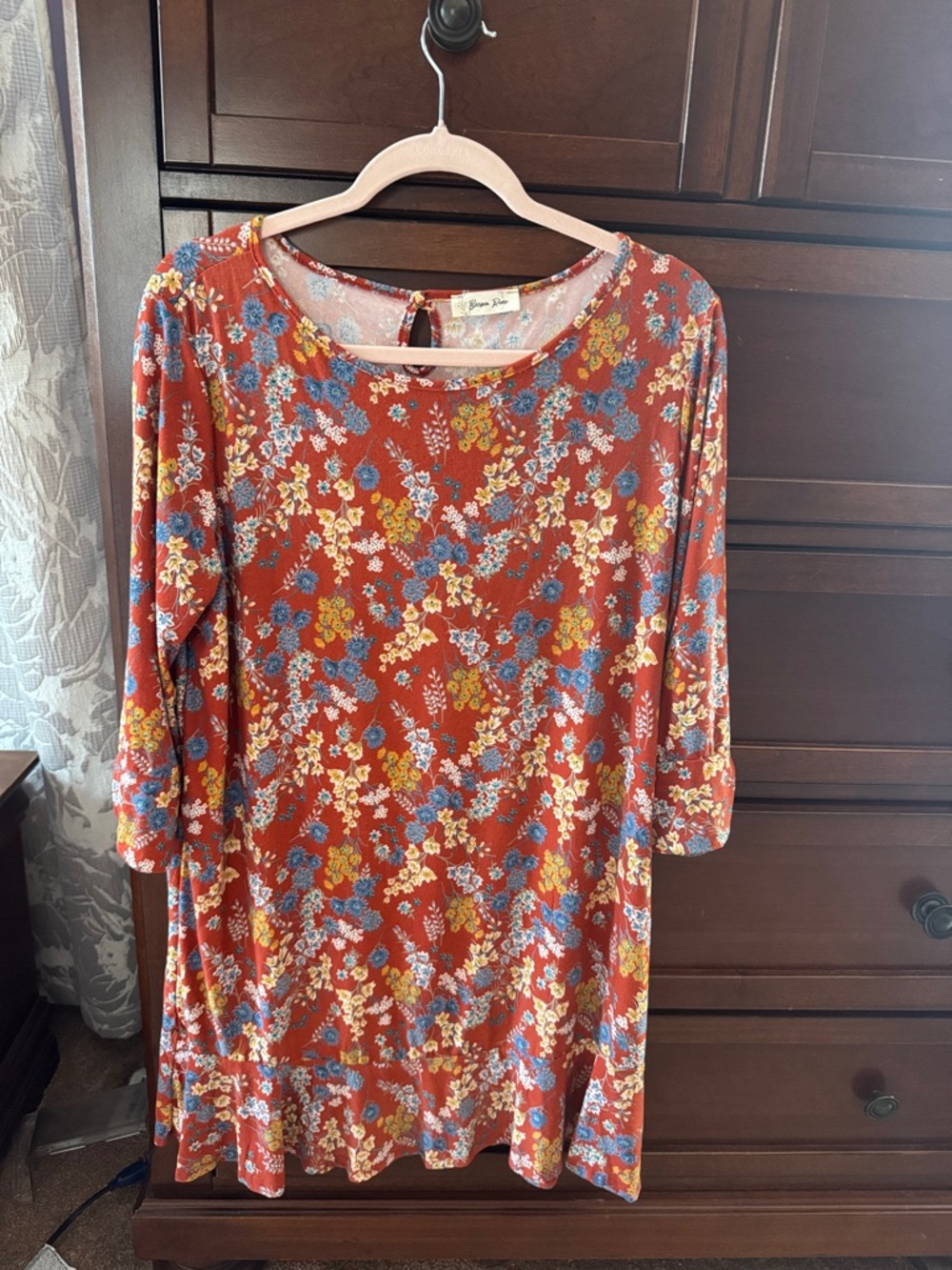 Beeson River Rust Floral Dress with Blue and Yellow Accents